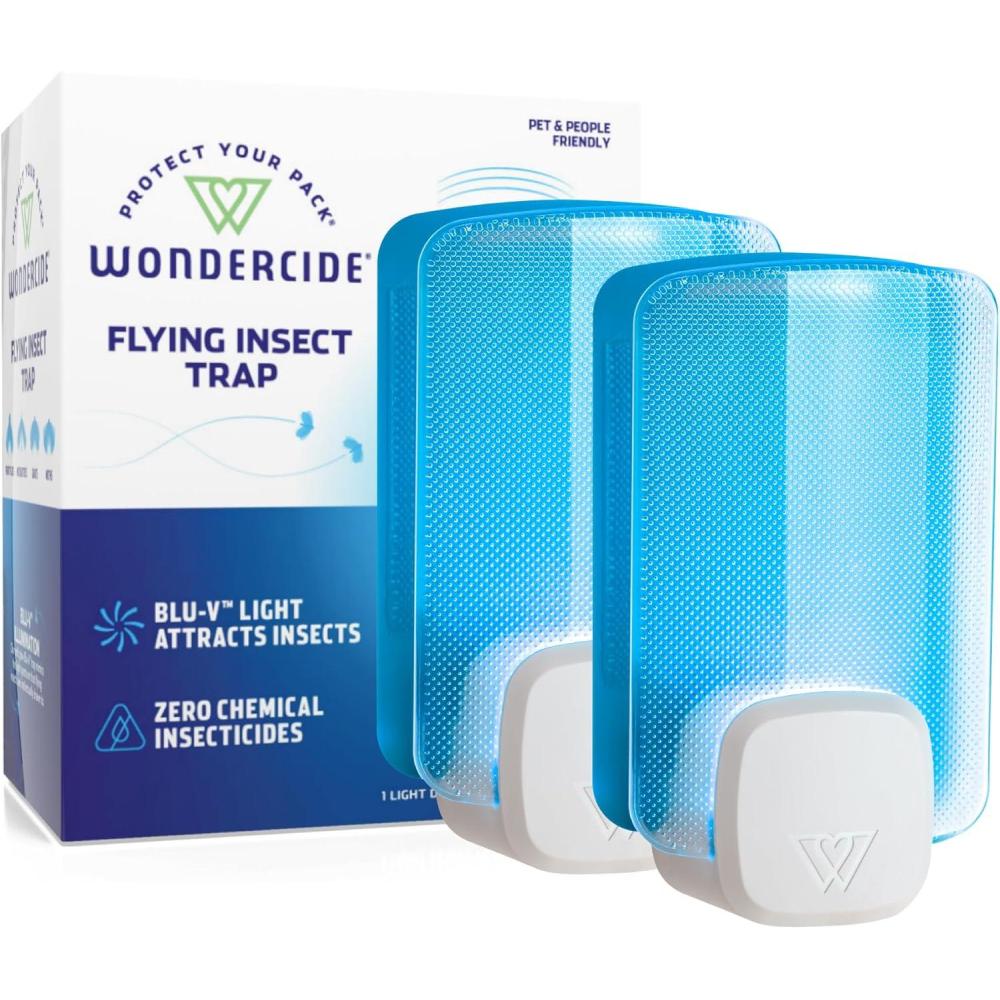 imageWondercide  Flying Insect and Fly Trap  Indoor Bug Catcher for Fruit and House Flies Gnats Moths and Mosquitoes  Starter Kit for Home and Kitchen  1 Plugin Light and 1 CartridgeDevice Kit